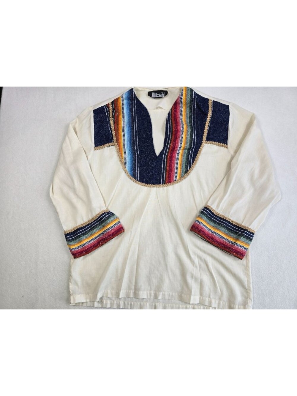 Vintage Mitziah Boho Hippie White Tunic Large Festival Aztec